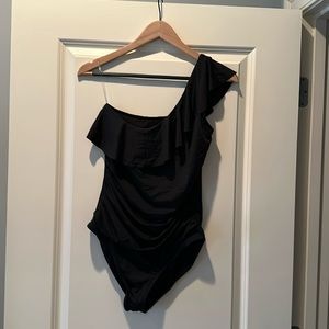 One Shoulder - Ruffle Black One Piece Swimsuit - Size 10